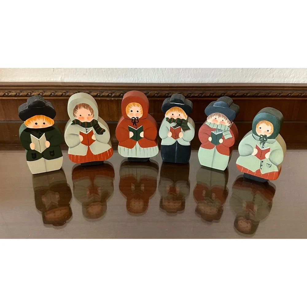 Vintage Style Hand Painted Wooden Christmas Carolers Figurines Set of 6 Folk Art